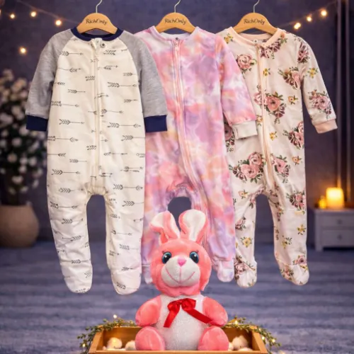 Multi Color 3 Piece Baby Sleepsuit Set with Pink Bunny Plush Toy - Product Image