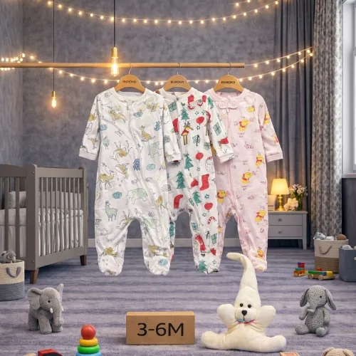 3 Piece Baby Sleepsuit Set with Long Hat Teddy Bear Plush Toy - Product Image