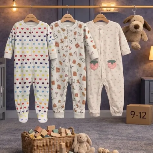 Multi Color 3-Piece Baby Romper Set with Cute Brown Puppy Plush Toy - Product Image