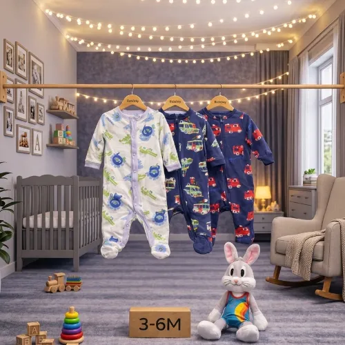 3 Piece Baby Sleepsuit Set with Grey Bunny Plush Toy - Product Image