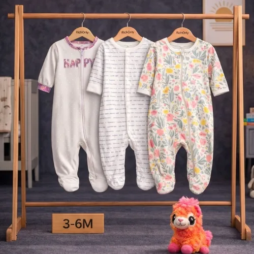 Baby Girls Cotton Zip-Up Rompers Set with Colorful Llama Plush Toy (3–6 Months) - Product Image