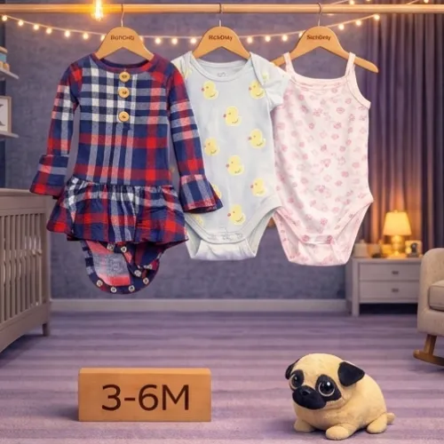 Baby Rompers Bodysuit Dress Set with Plush Pug Dog Soft Toy - Product Image