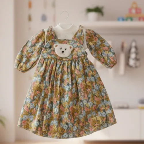 Cute Teddy Pocket Floral Kids Dress - Product Image