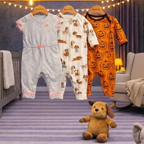 Baby Rompers & Sleepsuit Set with Plush Puppy Dog Soft Toy - Product Image
