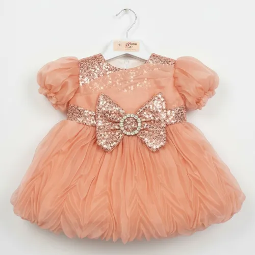 Peach Sequin Bow Party Dress for Baby Girls - Product Image