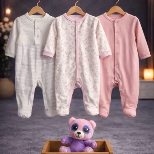 Baby Soft Cotton Printed & Solid Rompers Set with Teddy Bear Plush Toy - Product Image