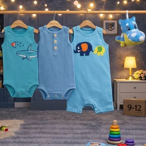 3-Piece Baby Sleeveless Bodysuit Set with Blue Hippo Plush Toy - Product Image