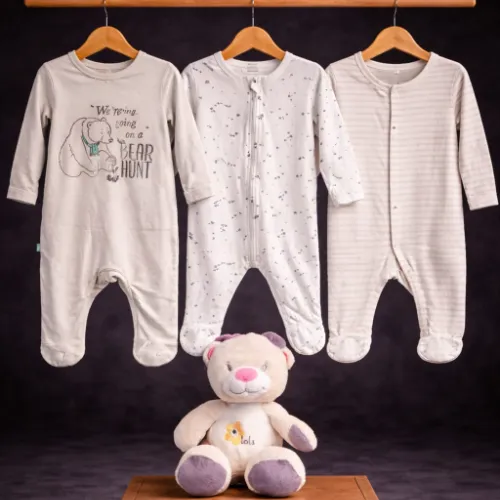 3 Piece Baby Rompers Set (12–18M) with Lola Teddy Bear Plush Toy - Product Image