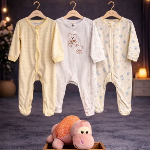 3 Piece Baby Sleepsuit Set with Turtle Plush Toy - Product Image