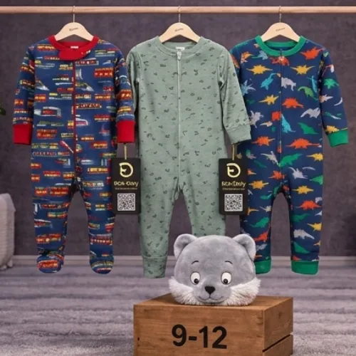 Multi Color 3 Piece Baby Romper Set with Grey Bear Plush Toy - Product Image