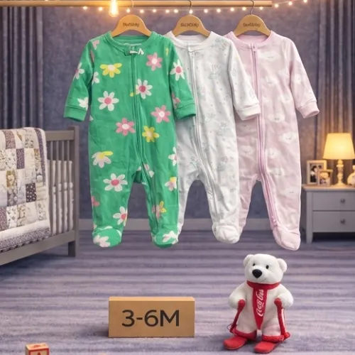 3 Piece Baby Sleepsuit Set with White Teddy Bear Plush Toy - Product Image