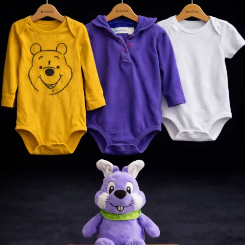 Baby Printed Cotton Rompers Set with Bunny Plush Toy - Product Image