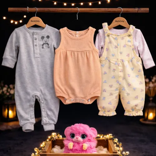 Baby Girls 3-Piece Cotton Rompers Outfit Set with Pink Monkey Plush Toy (6–12 Months) - Product Image