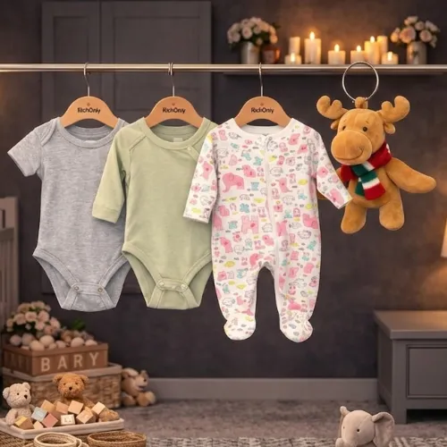 3-Piece Baby Cotton Bodysuit & Romper Set with Cute Reindeer Plush Toy - Product Image