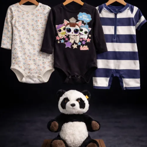 Baby Printed Cotton Rompers Set with Panda Plush Toy - Product Image