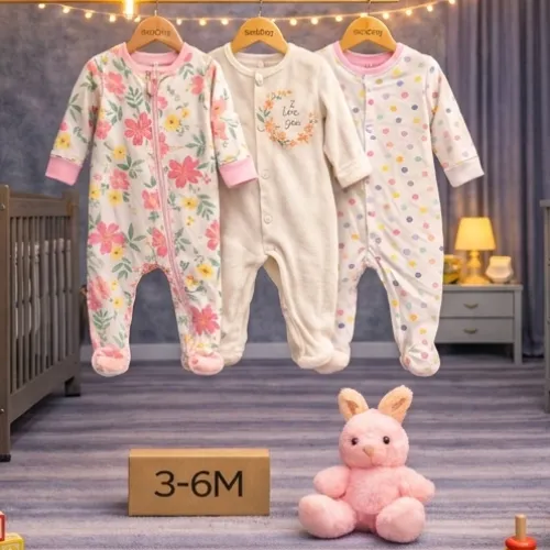 3 Piece Baby Sleepsuit Set with Pink Bunny Plush Toy - Product Image