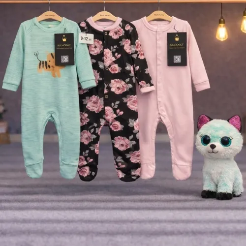 3 Piece Baby Sleepsuit Set with Mint Cat Plush Toy - Product Image
