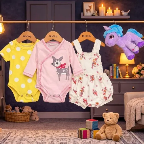 3-Piece Baby Girl Cotton Outfit Set OR Rompers with Cute Purple Unicorn Plush Toy - Product Image
