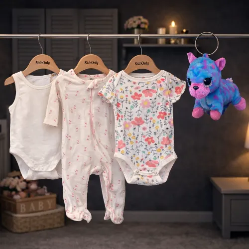 3-Piece Baby Cotton Bodysuit & Romper Set with Cute Colorful Cat Plush Toy - Product Image