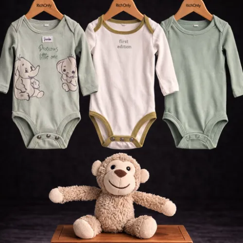 3 Piece Baby Rompers Set with Monkey Plush Toy - Product Image