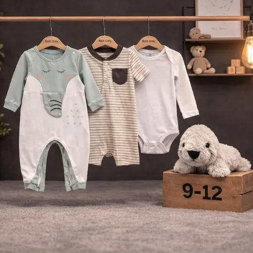 Multi Color 3 Piece Baby Outfit Set with White Puppy Plush Toy - Product Image