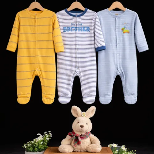 3-Piece Big Brother Stripe & Star Sleeper Set (6-9 Months) with Plaid Bow Bunny - Product Image