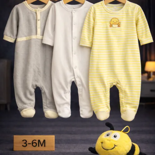 Baby Unisex Cotton Rompers Set with Yellow Stripe Romper & Bee Plush Toy - Product Image