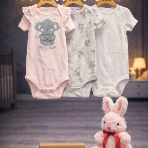 3 Piece Baby Bodysuit Set with Pink Bunny Plush Toy - Product Image