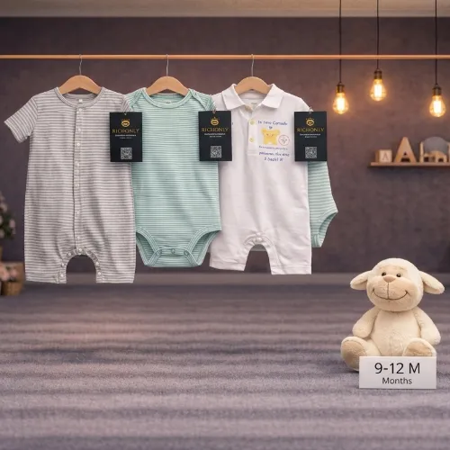 Multi Color 3 Piece Baby Outfit Set with Beige Lamb Plush Toy - Product Image