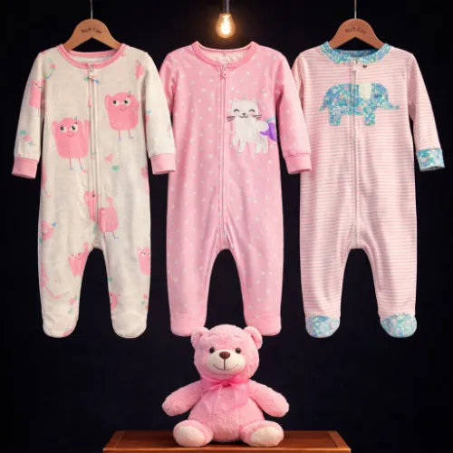 Pink Printed Baby Rompers Set (18 Months) with Pink Teddy Bear Soft Toy - Product Image
