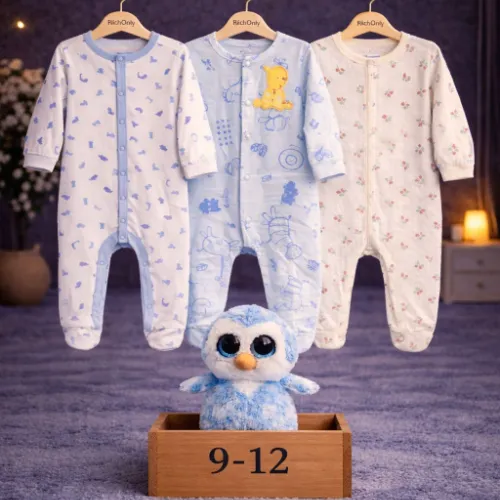3 Piece Baby Sleepsuit Set with Penguin Plush Toy - Product Image