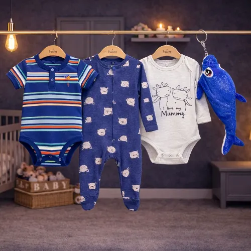 Multi Color 3-Piece Baby Cotton Bodysuit &Romper Set with Cute Blue Dolphin Plush Toy - Product Image
