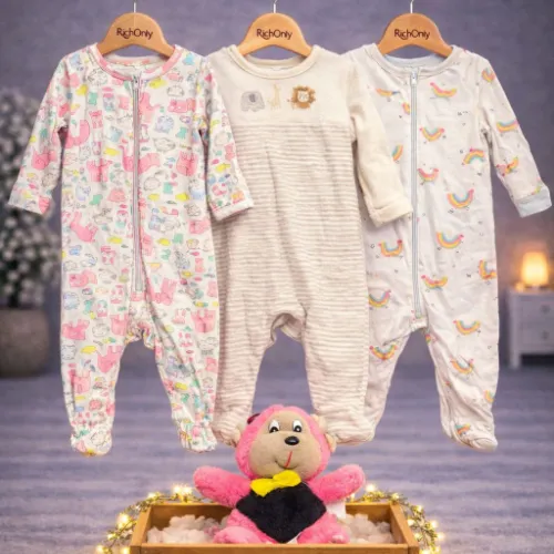 3 Piece Baby Sleepsuit Set with Monkey Plush Toy - Product Image