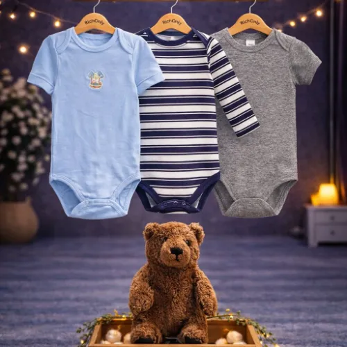 3 Piece Baby Bodysuit Set with Brown Teddy Bear Plush Toy - Product Image