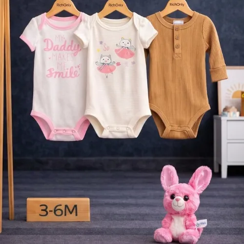 Baby Girls Cute Printed & Solid Cotton Rompers Set with Bunny Plush Toy  - Product Image