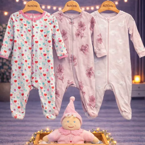 Multi Color 3 Piece Baby Sleepsuit Set with Baby Doll Plush Toy - Product Image