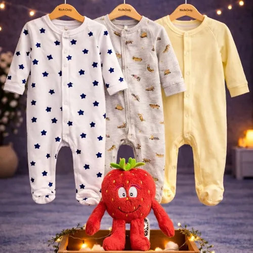 Multi Color 3 Piece Baby Romper Set with Strawberry Plush Toy - Product Image
