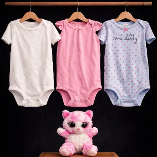 Rompers Set For Baby Girls (18 Months) with Pink Cat Soft Toy - Product Image