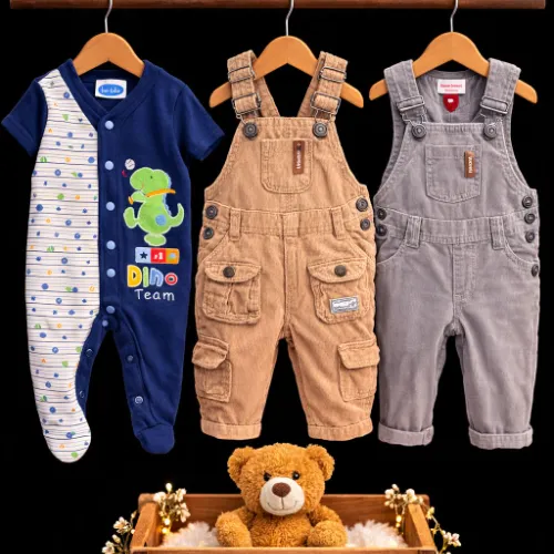 Baby Boys 3-Piece Cotton Rompers & Corduroy Dungaree Set with Teddy Bear Plush Toy (3–6 Months) - Product Image