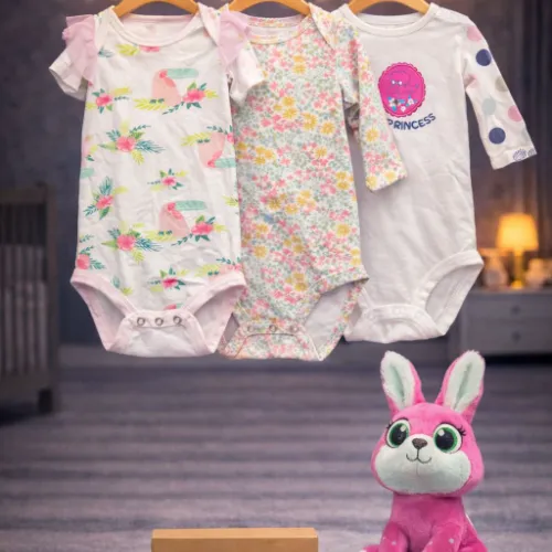 3 Piece Baby Bodysuit Set with Pink Rabbit Plush Toy - Product Image