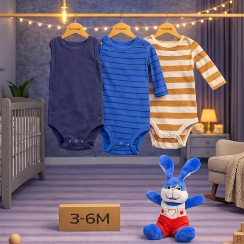 Baby Bodysuit Set with Plush Blue Bunny Soft Toy  - Product Image