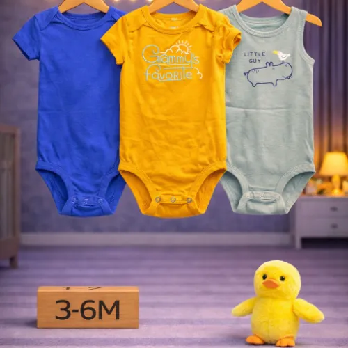 Baby Cotton Graphic Rompers Set with Yellow Duck Plush Toy - Product Image