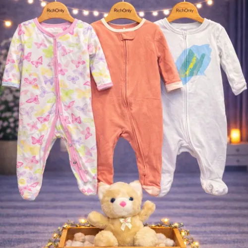 3 Piece Baby Sleepsuit Set with Teddy Bear Plush Toy - Product Image