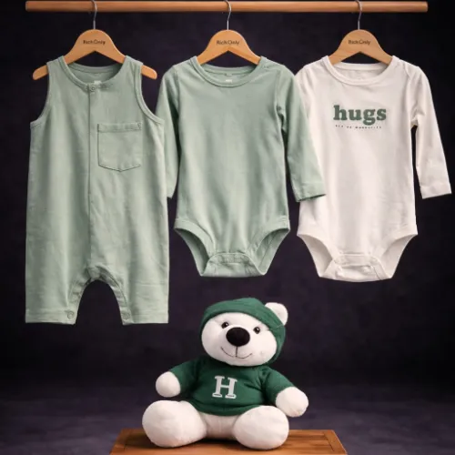 3 Piece Baby Rompers Set with Teddy Bear Plush Toy - Product Image