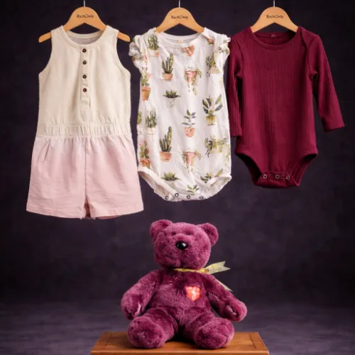 3 Piece Baby Rompers Set (12–18M) with Teddy Bear Plush Toy - Product Image