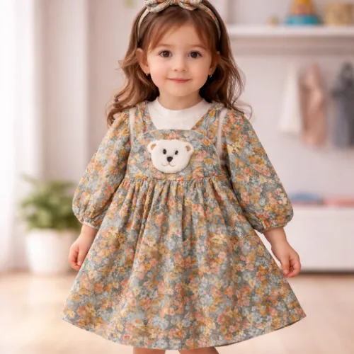 Cute Teddy Pocket Floral Kids Dress - Product Image
