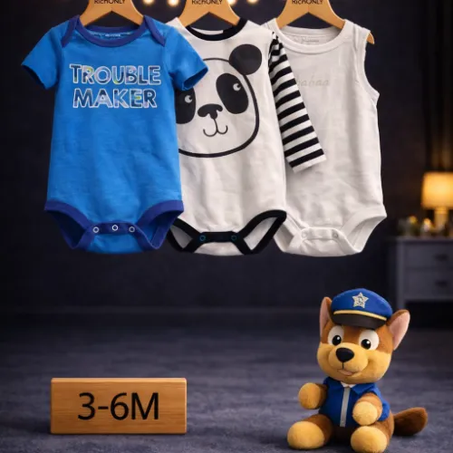 Baby Boys Printed Cotton Rompers Set With Police Dog Plush Toy - Product Image