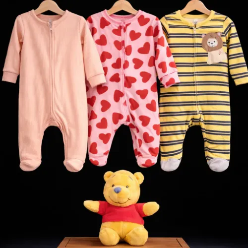 Baby Cotton Zip-Up Rompers Set with Winnie the Pooh Soft Toy - Product Image