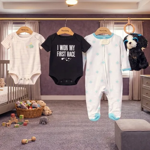 3-Piece Baby Cotton Outfit Set with Cute Black Puppy Plush Toy - Product Image