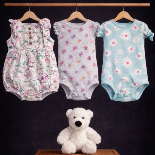 3-Piece Baby Girls Floral Bodysuit Set (18 Months) with Polar Bear Toy - Product Image